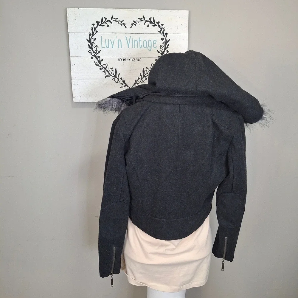 JouJou Girls Charcoal Grey‎ Faux Fur Hooded Moto Jacket Size Medium 10 12